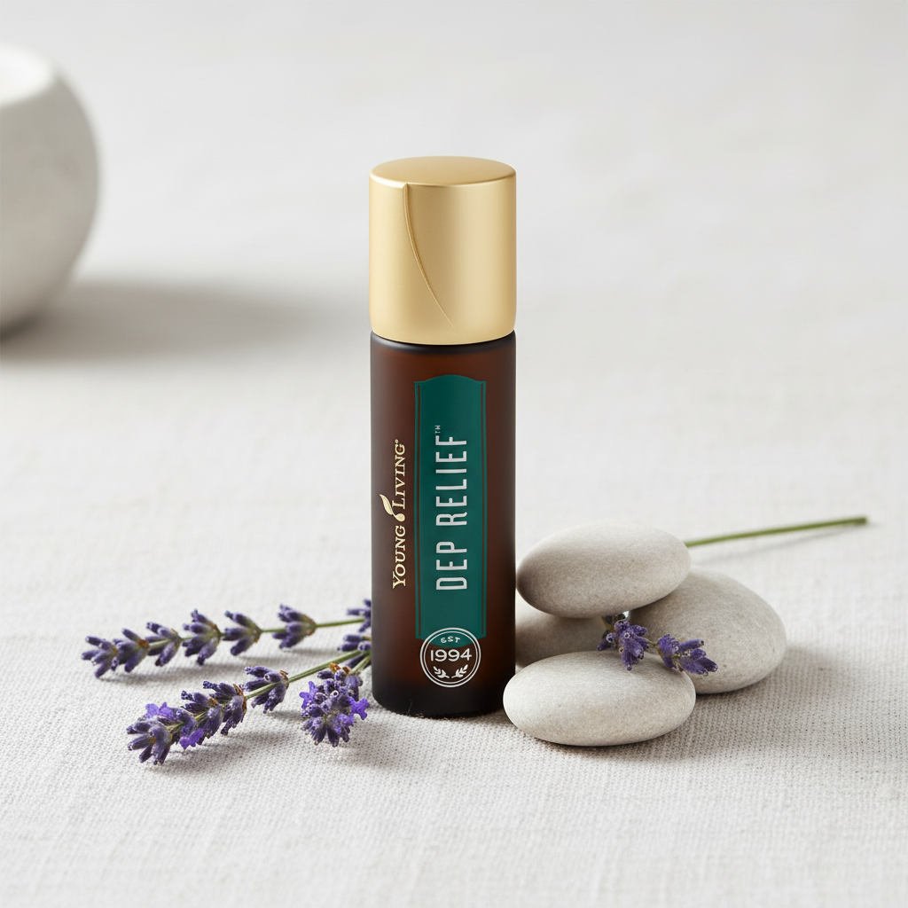 Deep Relief Roll-On on white linen with zen stones