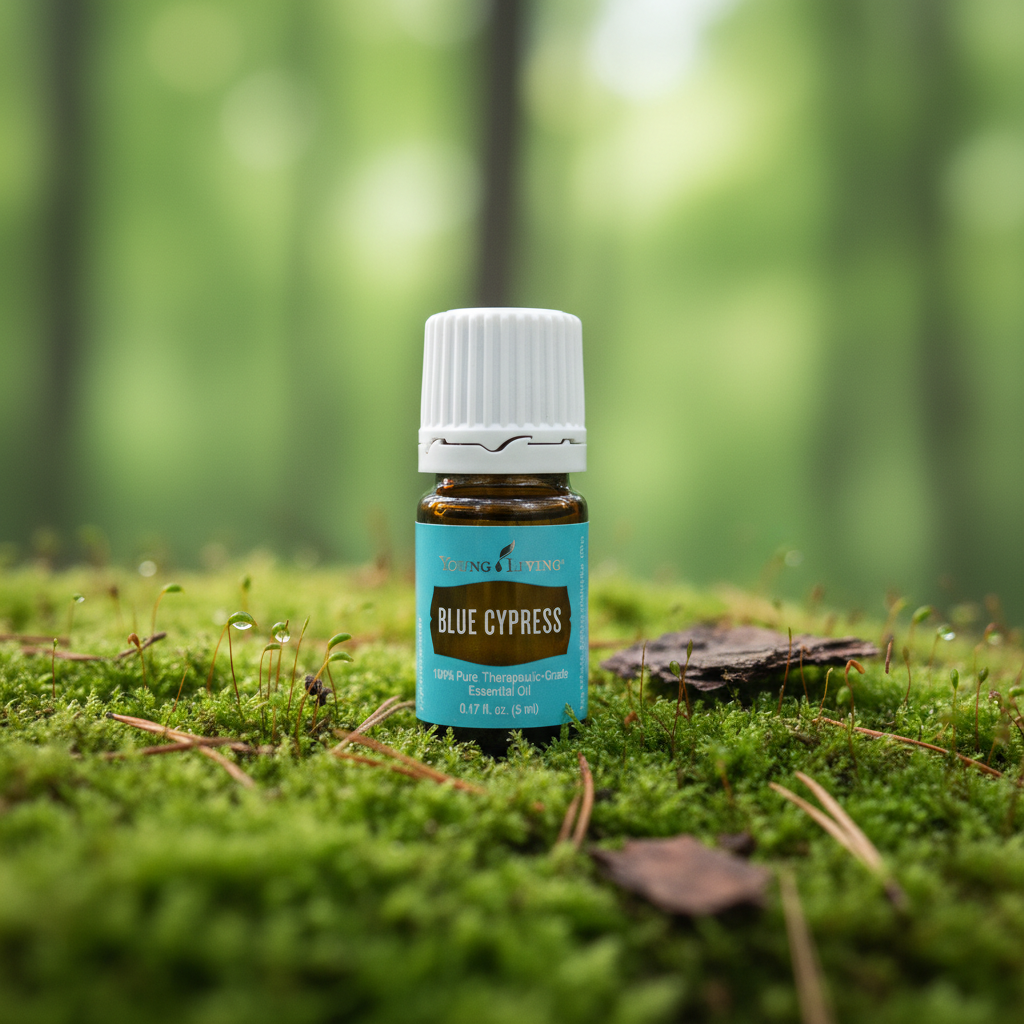 Blue Cypress essential oil macro shot on mossy forest floor