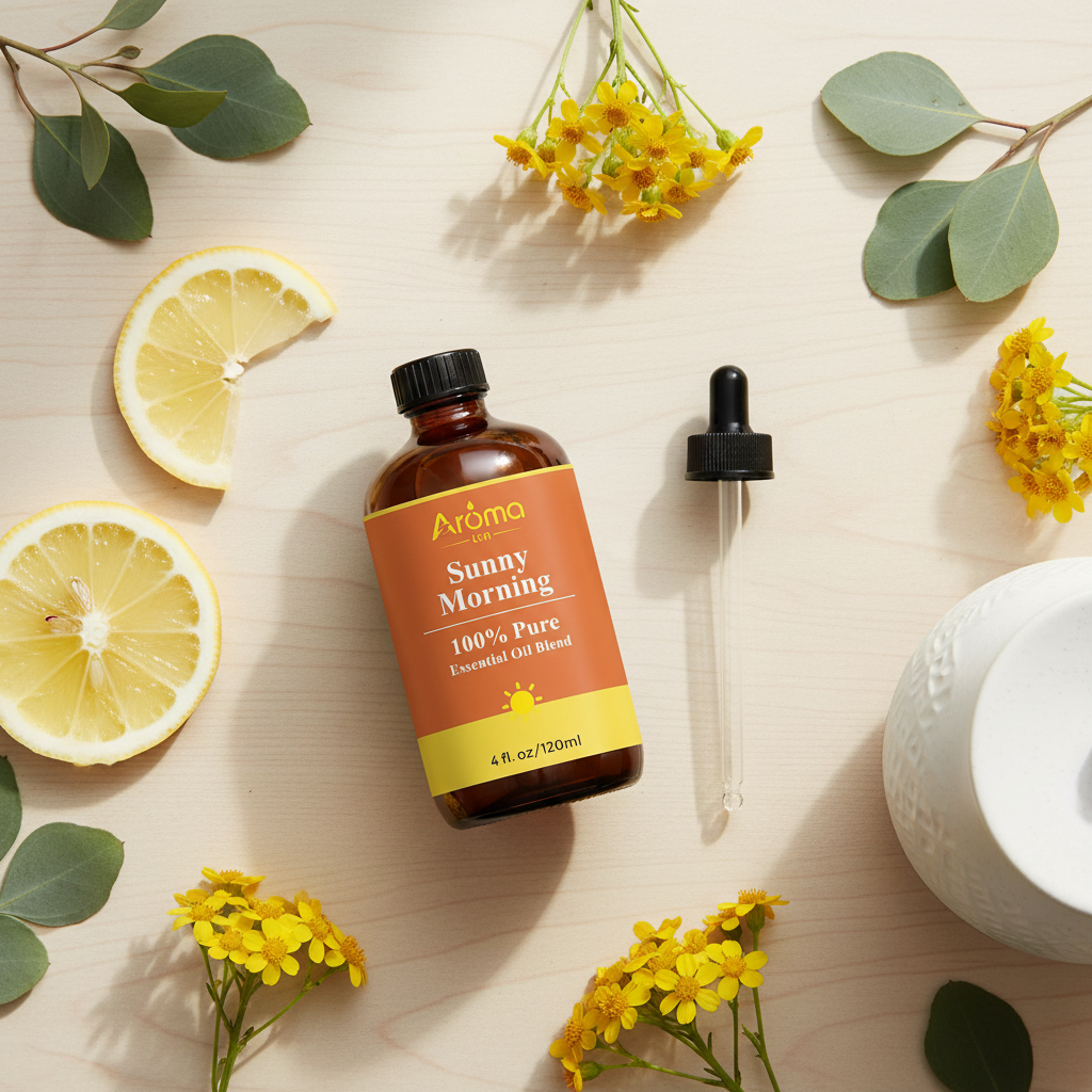 Flat lay with lemon slices, yellow wildflowers and diffuser