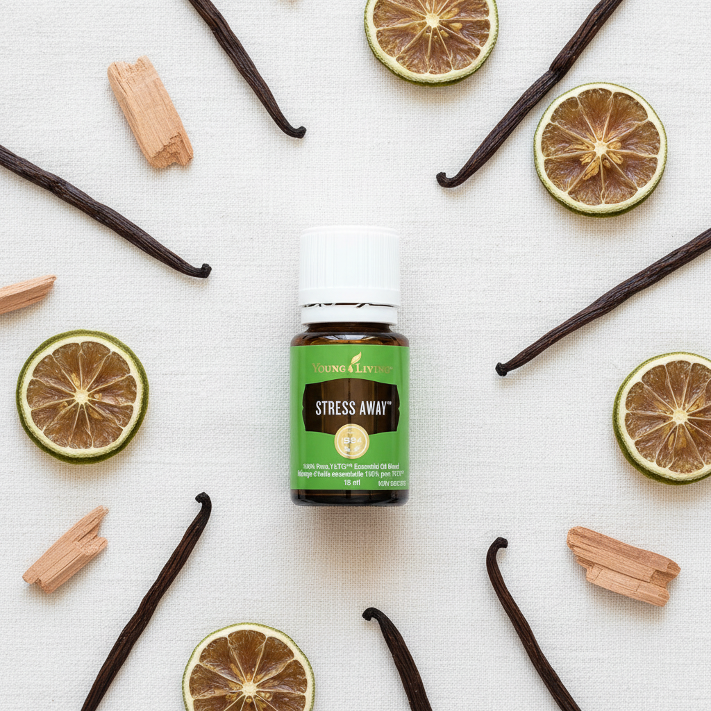 Stress Away essential oil flat lay with lime, cedarwood and vanilla on white linen