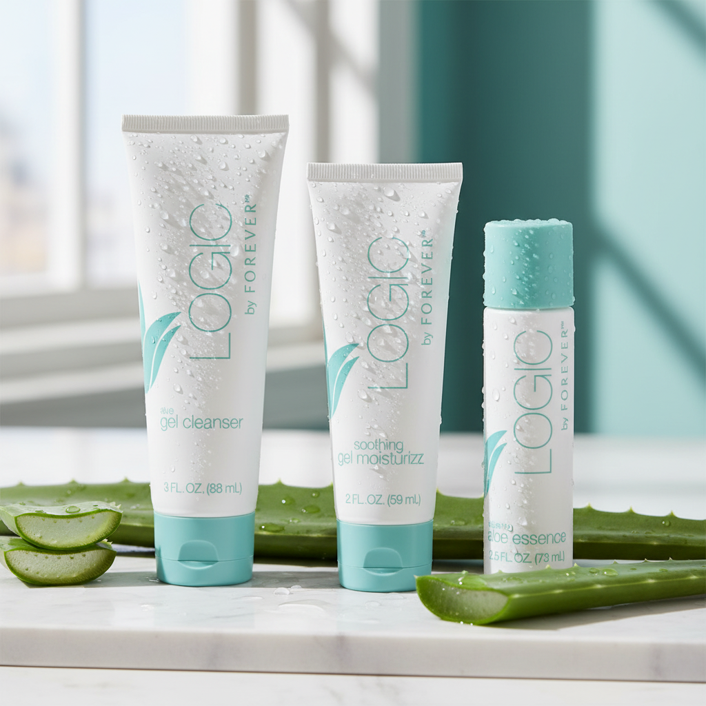 Logic by Forever 3-Step Skincare System on marble surface with aloe leaves