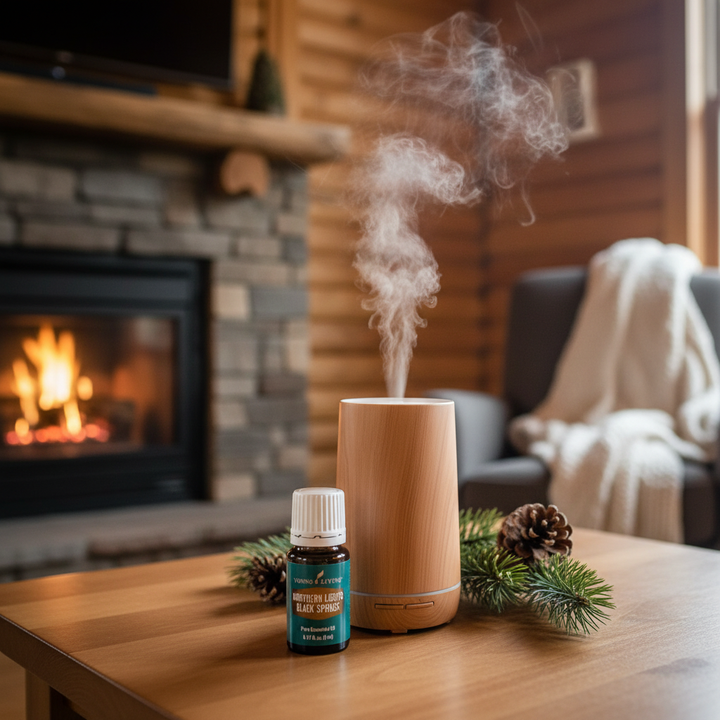 For Respiratory Support & Home Wellness — Northern Lights Black Spruce bottle next to diffuser in cozy cabin