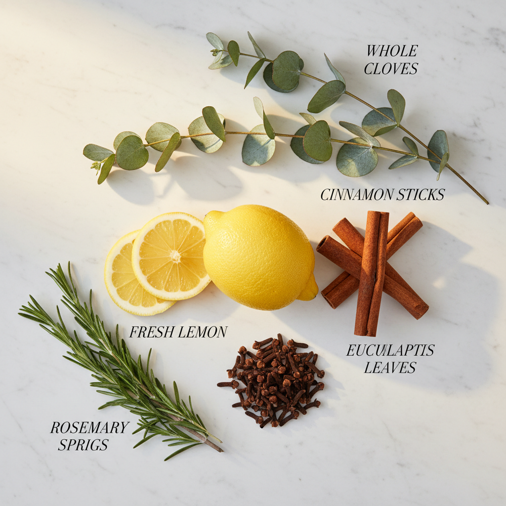 Thieves ingredients flat lay - cloves cinnamon lemon eucalyptus rosemary