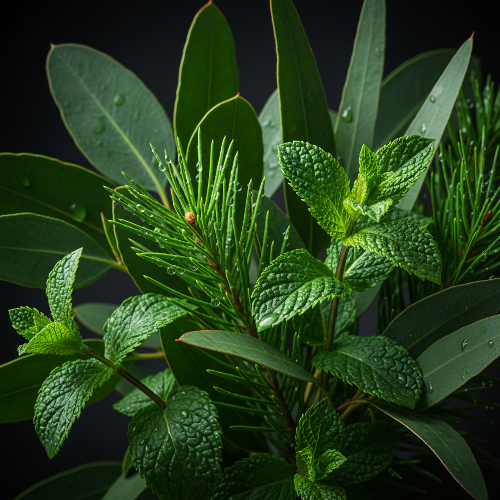 Macro close-up of eucalyptus and pine botanical ingredients in R.C. essential oil