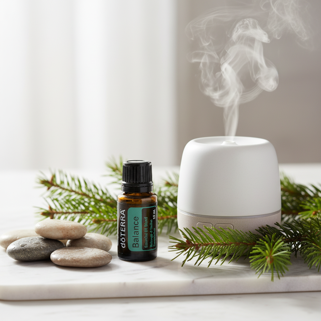 doTERRA Balance bottle on marble with river stones spruce branches and diffuser