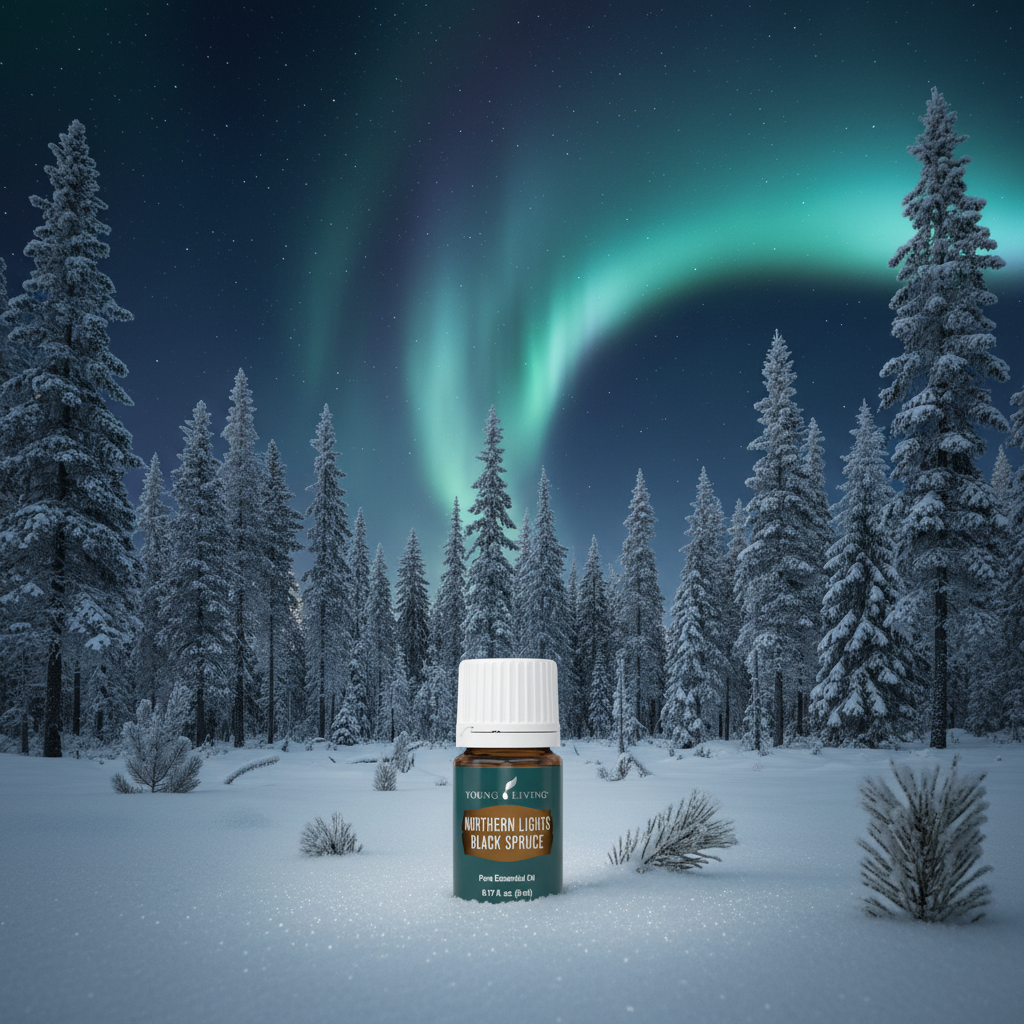 For Grounding & Meditation — Northern Lights Black Spruce bottle under aurora borealis in snowy pine forest