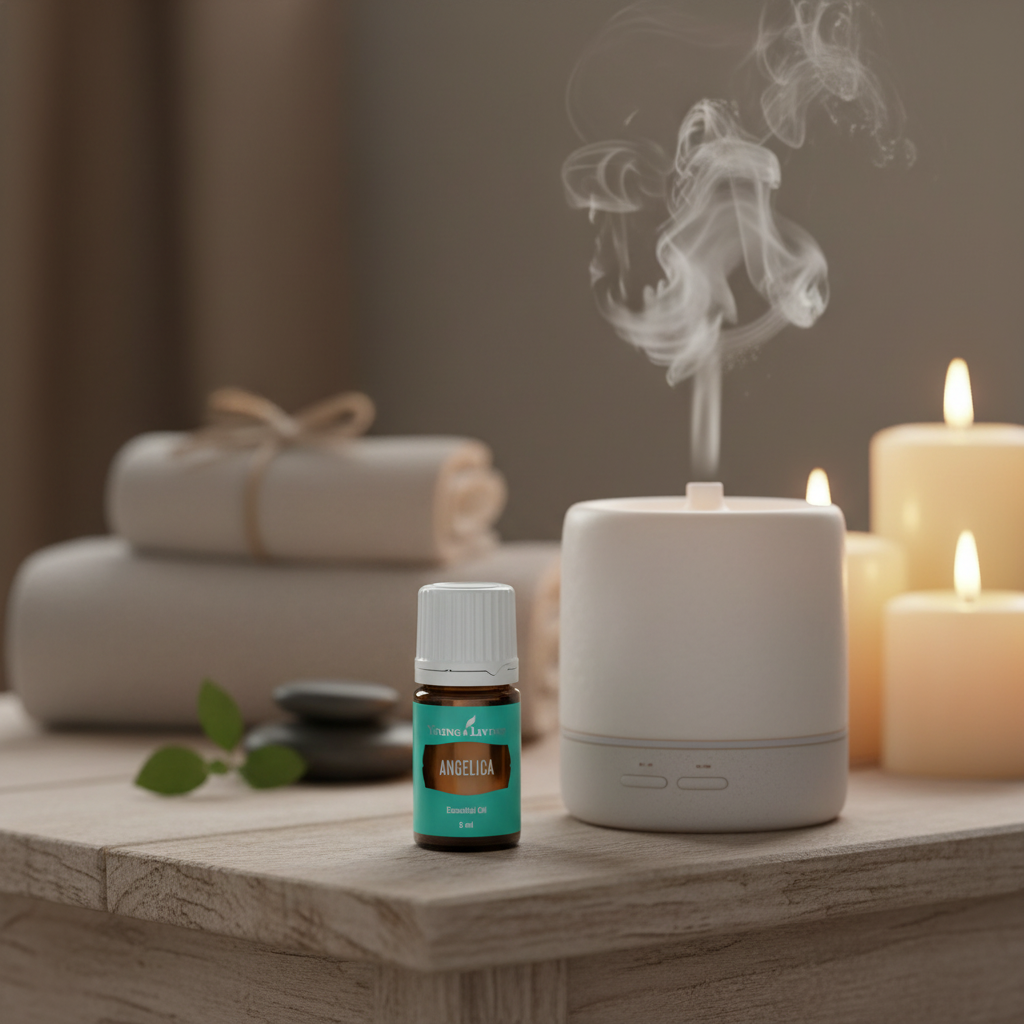 Angelica essential oil beside ceramic diffuser
