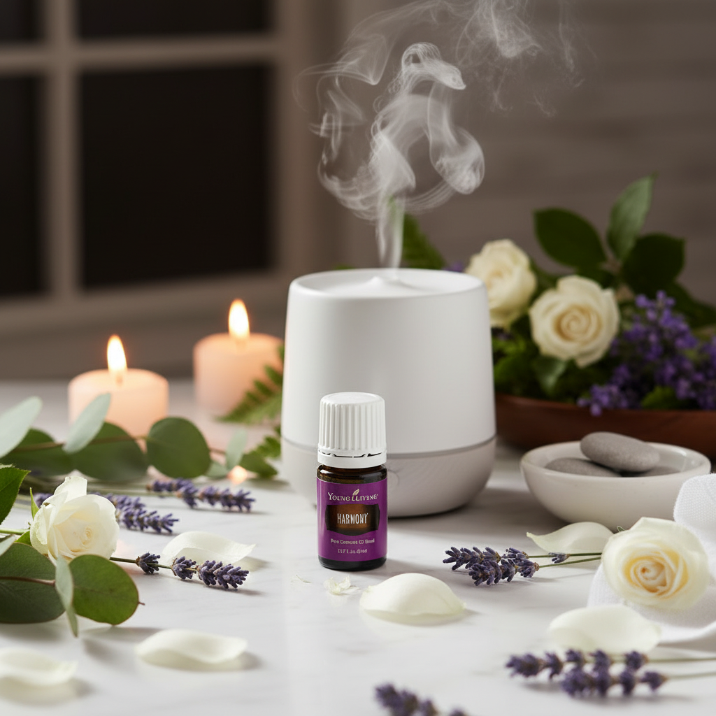 Young Living Harmony essential oil next to diffuser with candlelight