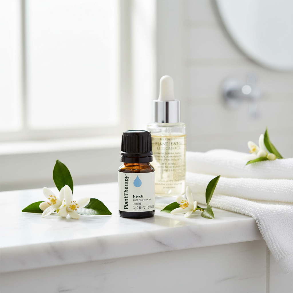 Plant Therapy Neroli Essential Oil on skincare shelf with serum dropper and blossoms