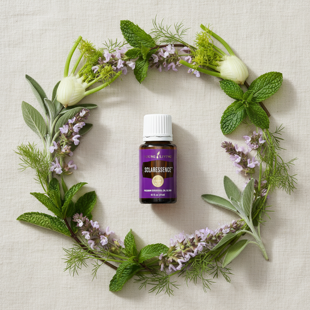 Sclaressence 15ml botanical wreath flat lay on cream linen