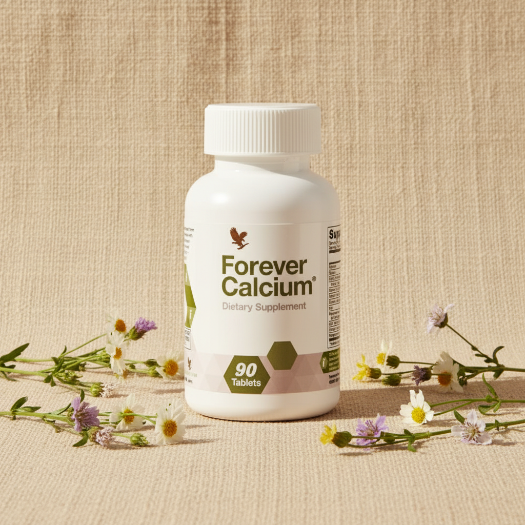 Forever Calcium bottle on sandy beige with wildflowers
