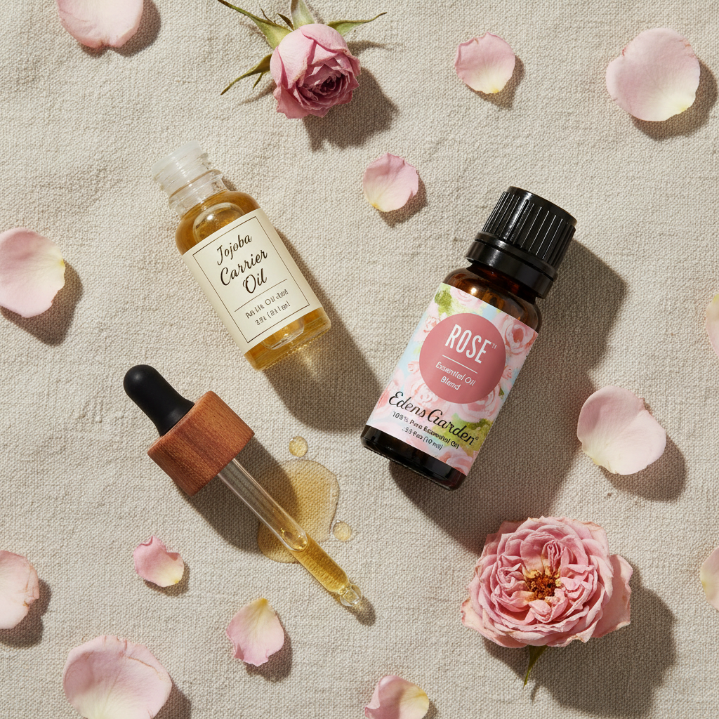 Edens Garden Rose Essential Oil botanical flat lay with petals and carrier oil on linen