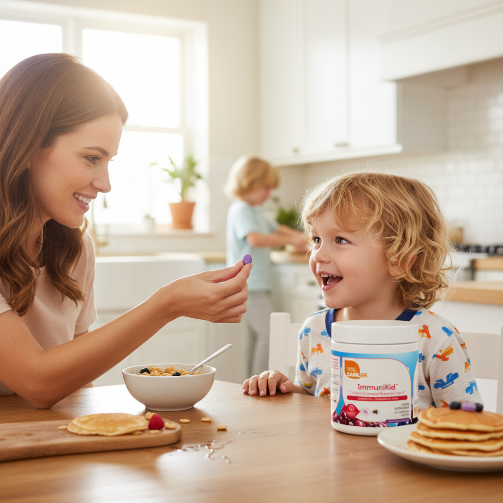 Parent giving child ImmuniKid chewable at breakfast