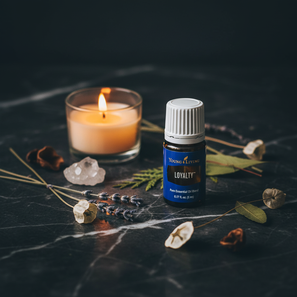 Young Living Loyalty bottle on dark marble with candle botanicals and crystal