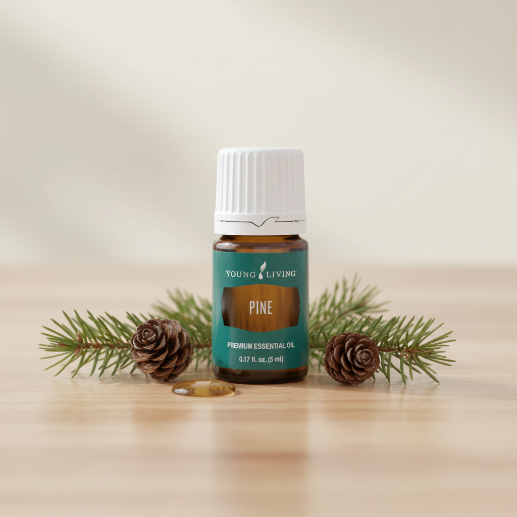 Pine essential oil bottle with pine needles and cones on spa surface
