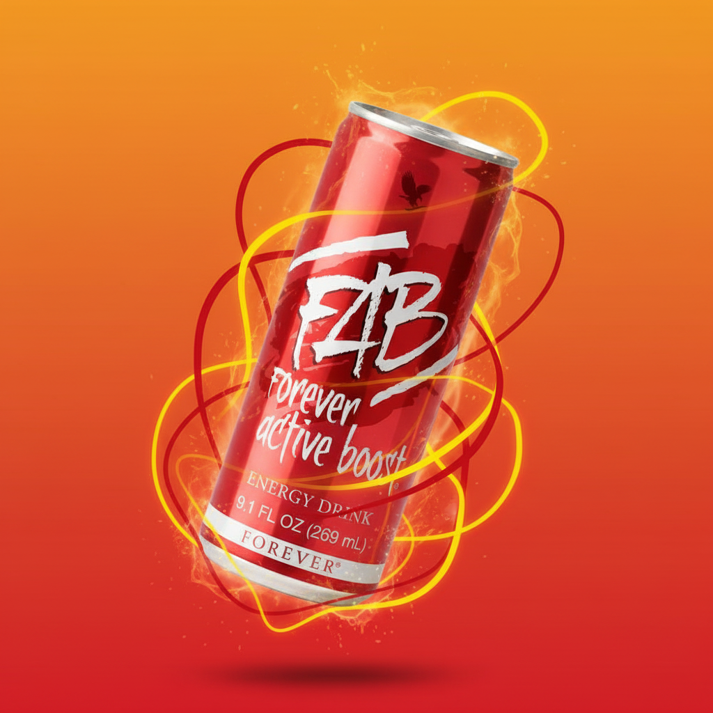 FAB Forever Active Boost can on red and orange energy burst background