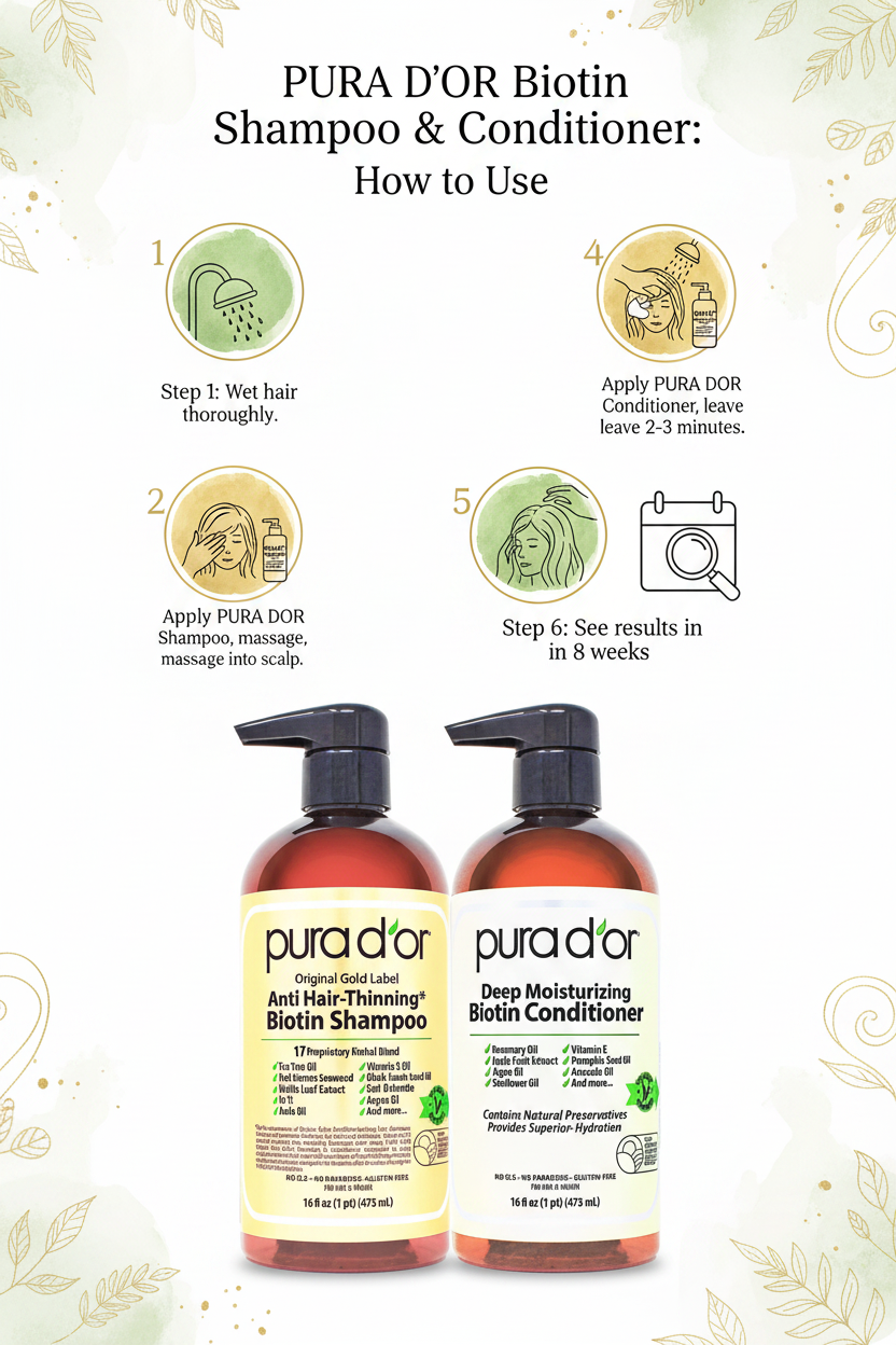 PURA D'OR Biotin Shampoo and Conditioner how to use step-by-step infographic