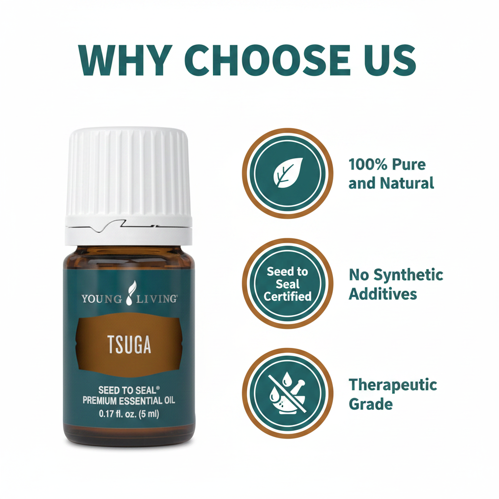 Tsuga Essential Oil quality badges infographic