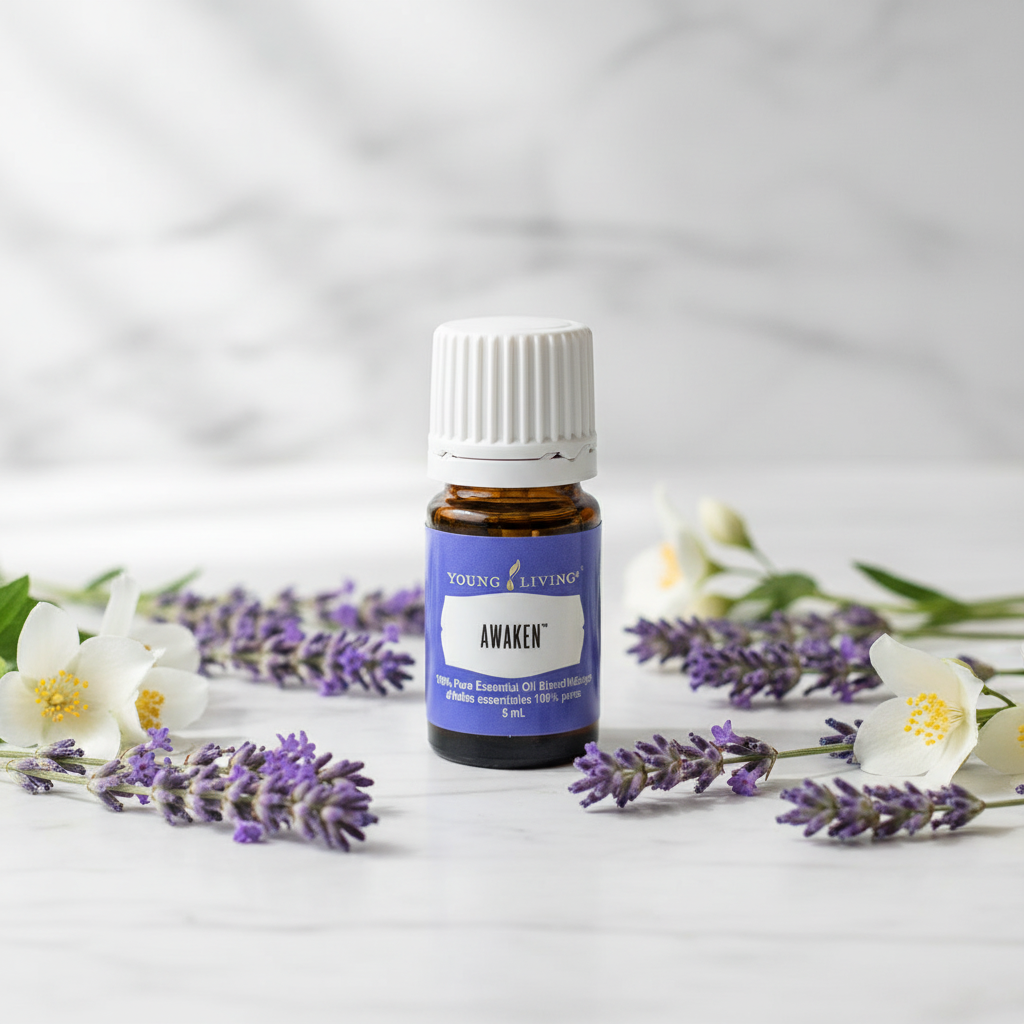 Awaken oil on white marble with lavender and jasmine flowers