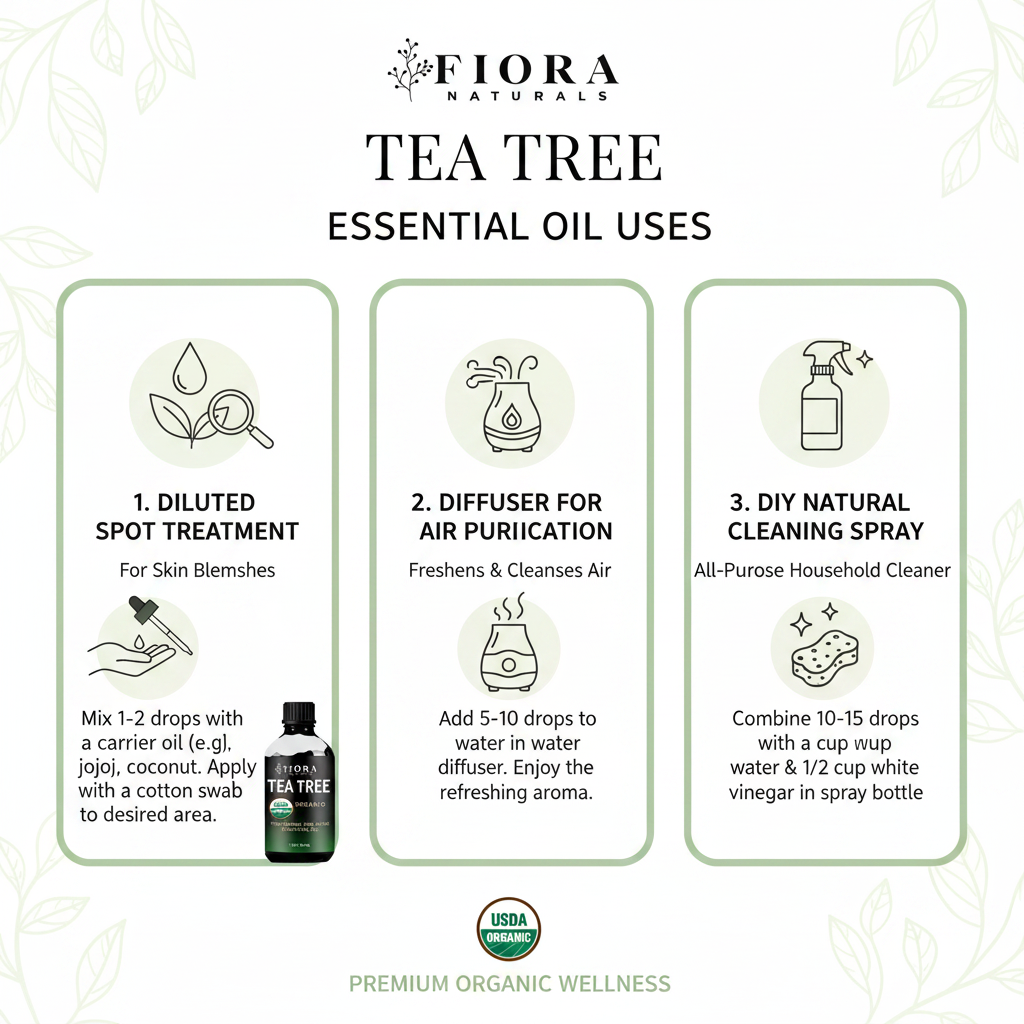 Fiora Naturals Tea Tree Essential Oil – How to Use Infographic