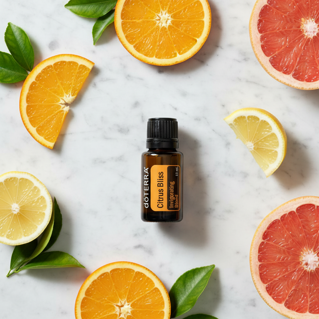 doTERRA Citrus Bliss marble flat lay with orange lemon and grapefruit