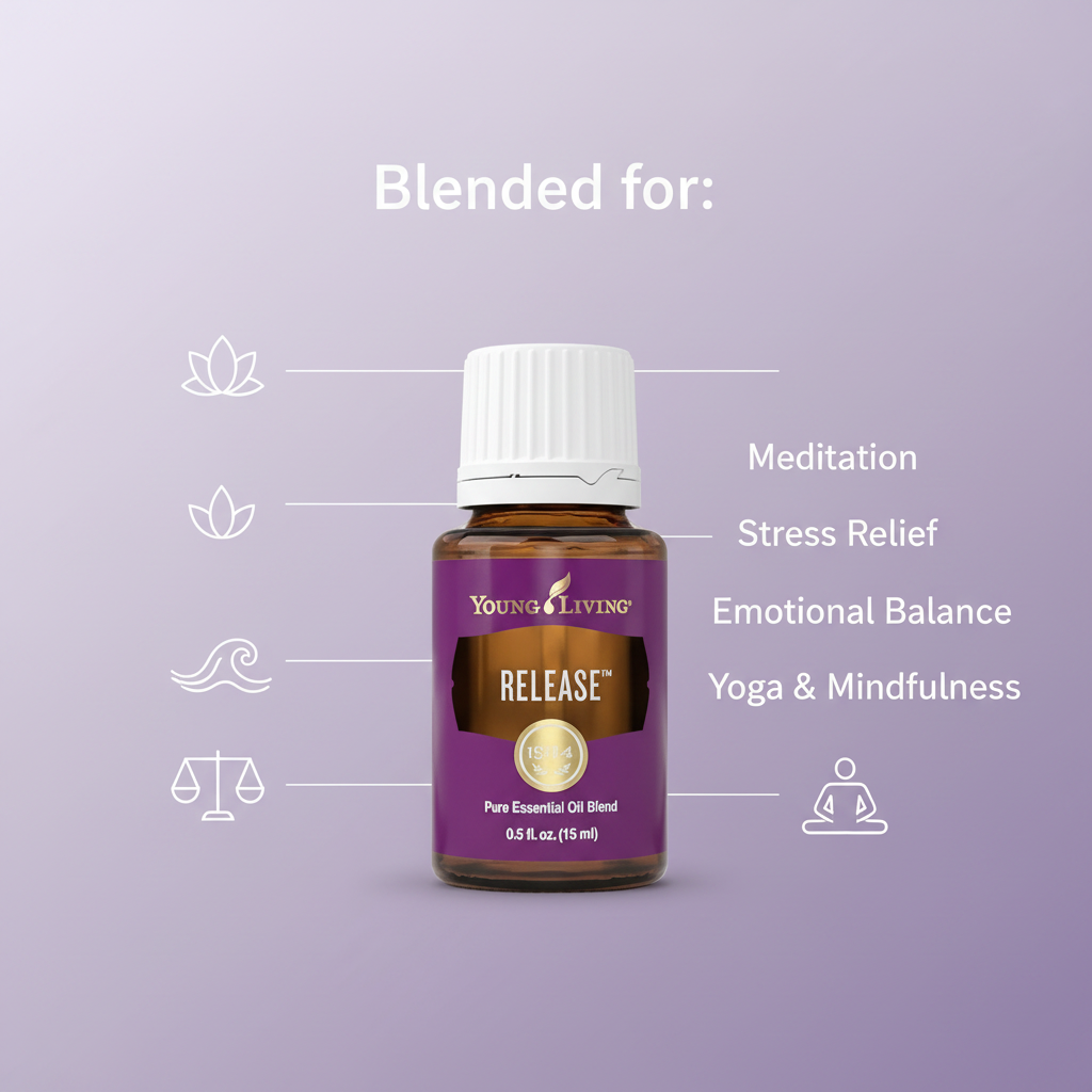 Release essential oil infographic - Blended for Meditation, Stress Relief, Emotional Balance, Yoga and Mindfulness