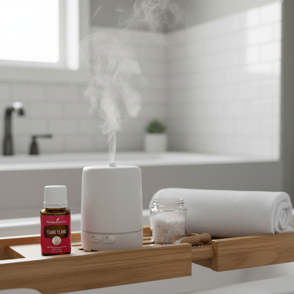 Ylang Ylang essential oil on spa bath tray with diffuser