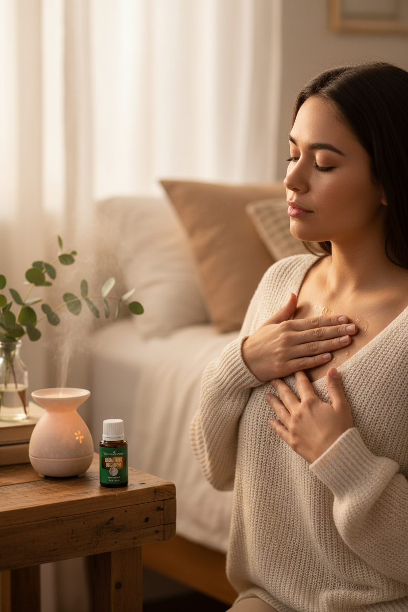 Person applying eucalyptus oil to chest for respiratory support
