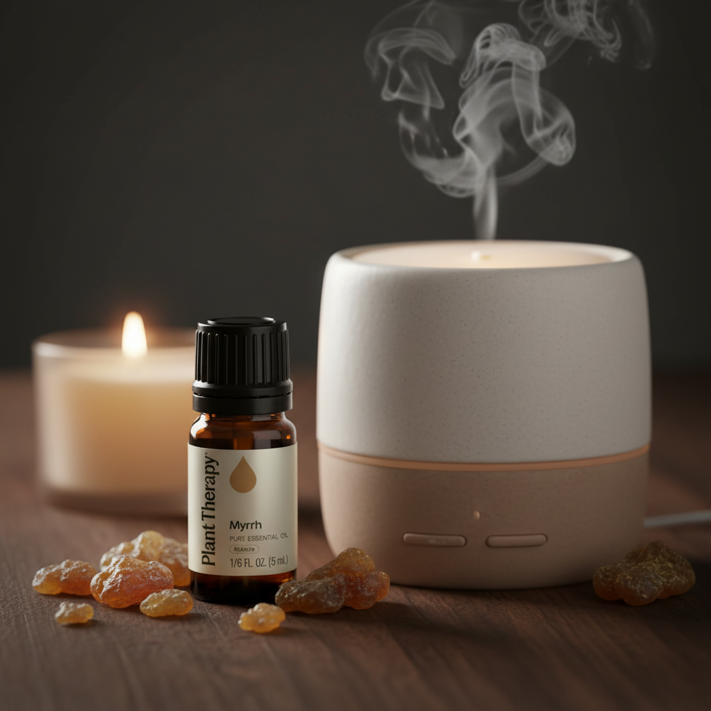 Plant Therapy Myrrh Essential Oil with diffuser and candlelight ambiance