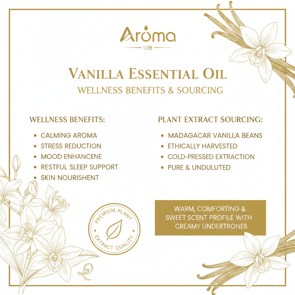 Aroma LVB Vanilla Essential Oil – Plant Extract and Benefits Infographic