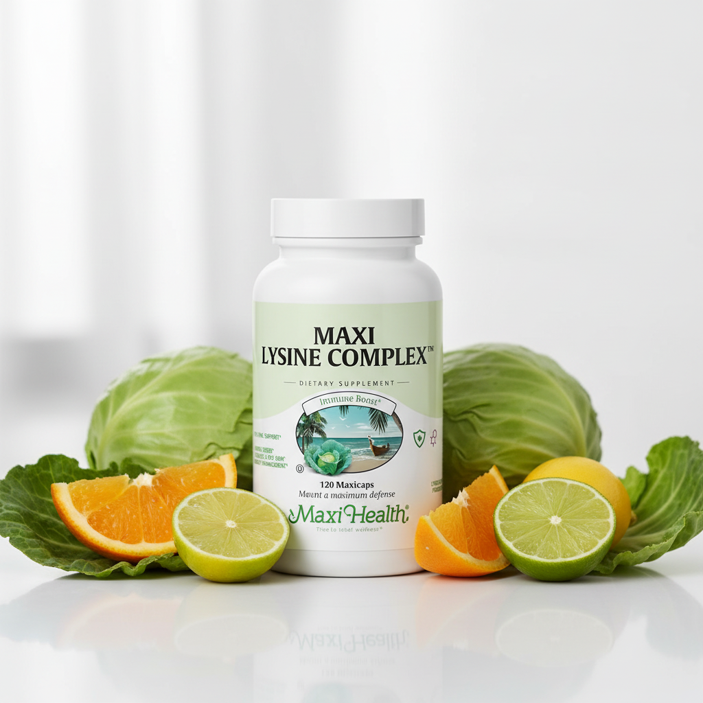 Maxi Lysine Complex with fresh cabbage and citrus on white surface