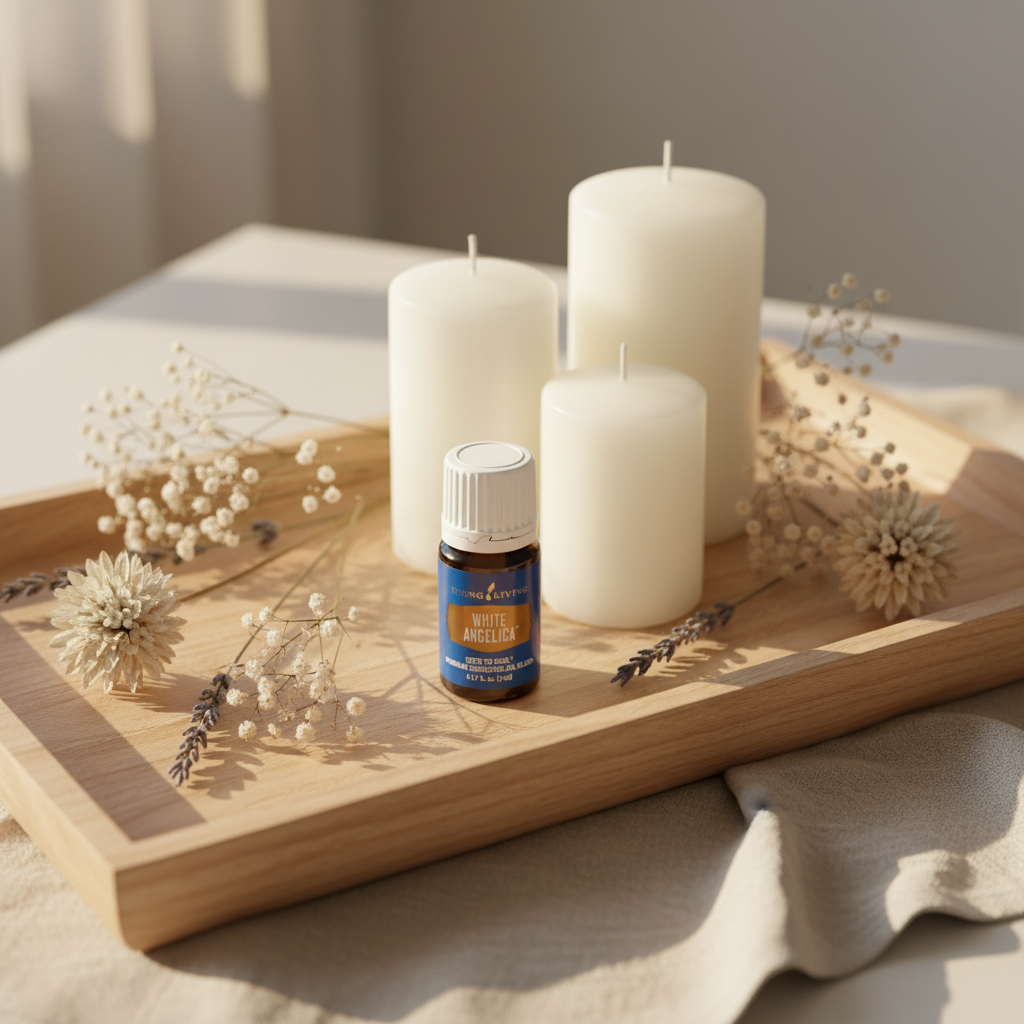 Young Living White Angelica oil bottle on wooden tray with white candles and dried flowers