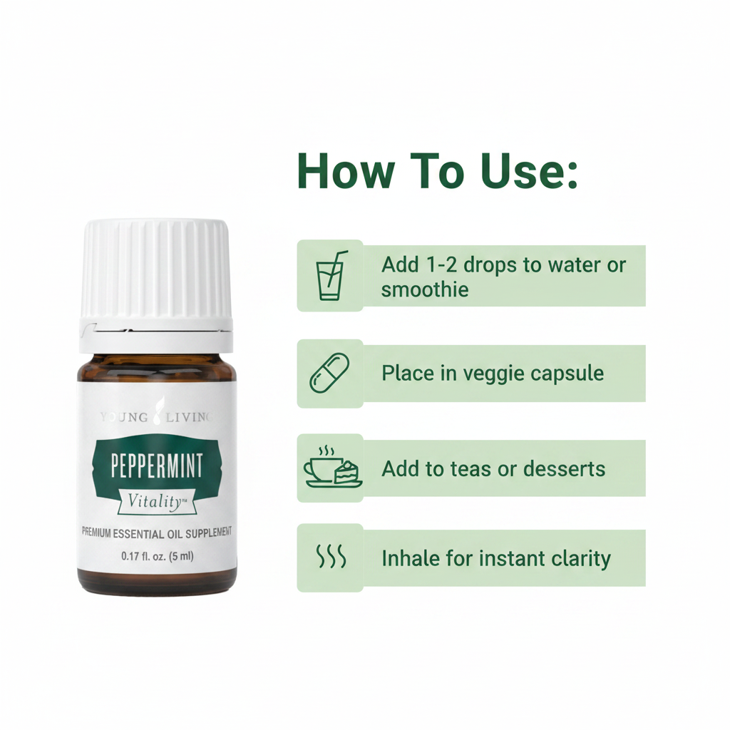 Peppermint Vitality how to use infographic - Water, Capsule, Culinary, Inhale