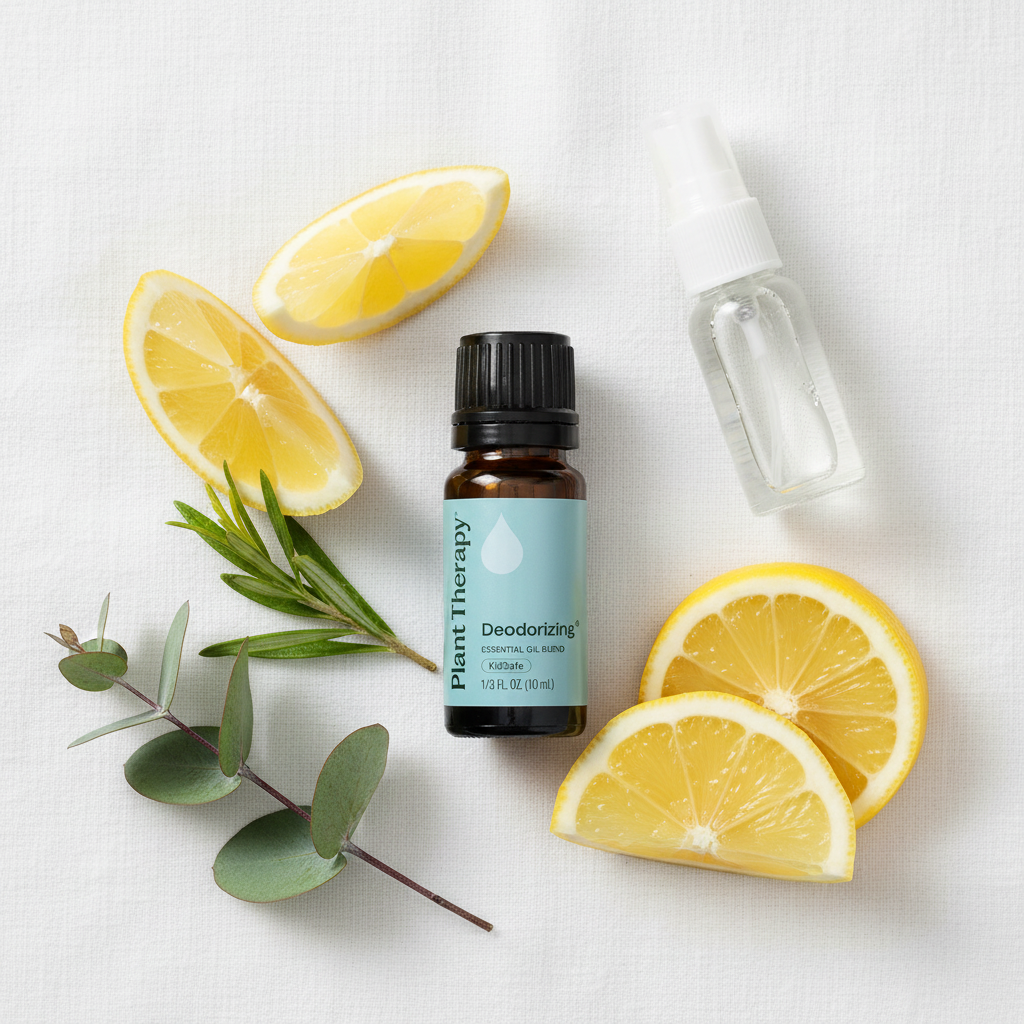 Plant Therapy Deodorizing flatlay with lemon eucalyptus and spray bottle on white linen