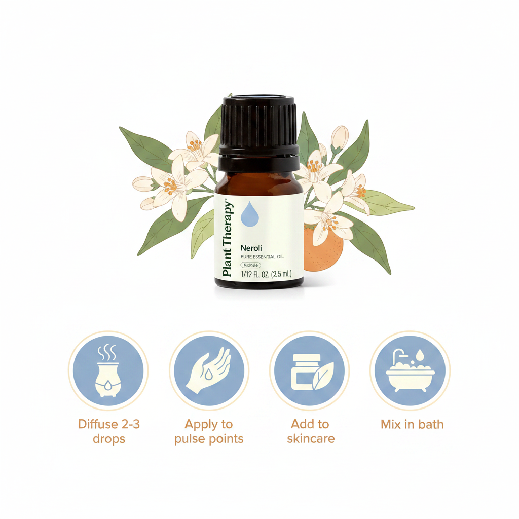 Neroli Essential Oil how-to-use infographic - Diffuse, Topical, Skincare, Bath