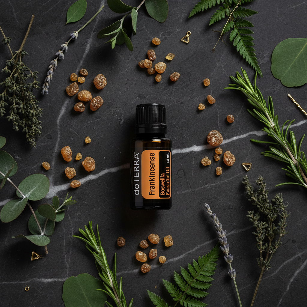 doTERRA Frankincense Essential Oil dark marble top-down flat lay with resin tears and gold