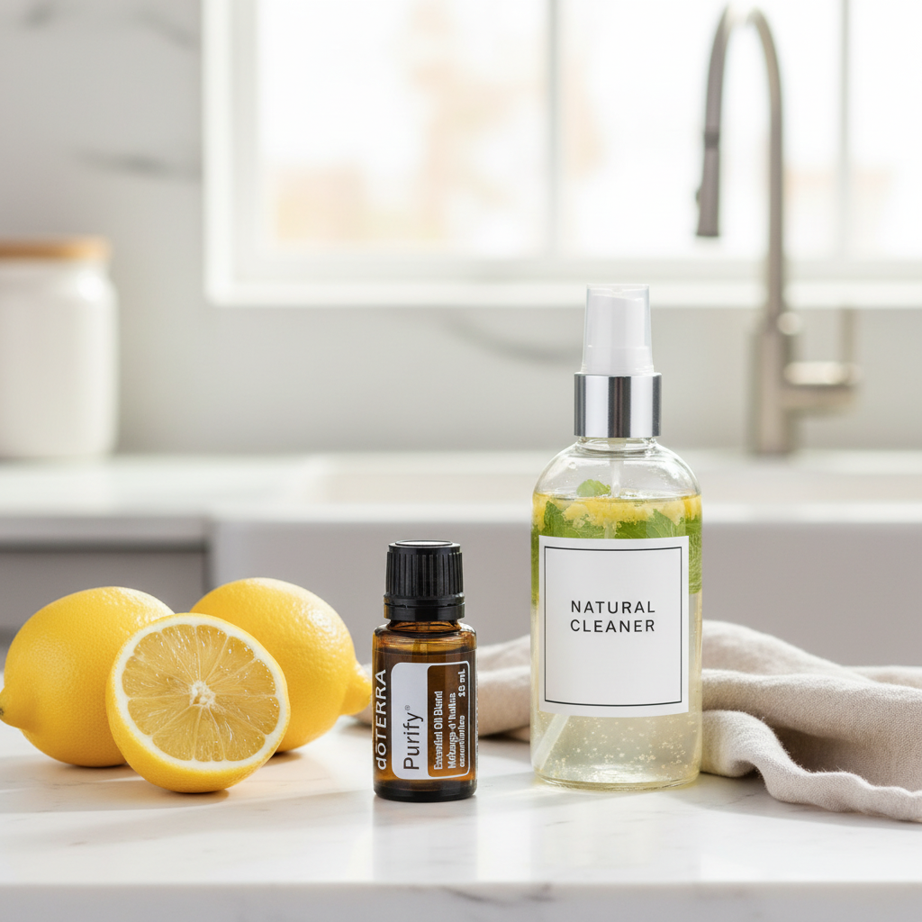 doTERRA Purify on kitchen counter with natural cleaner
