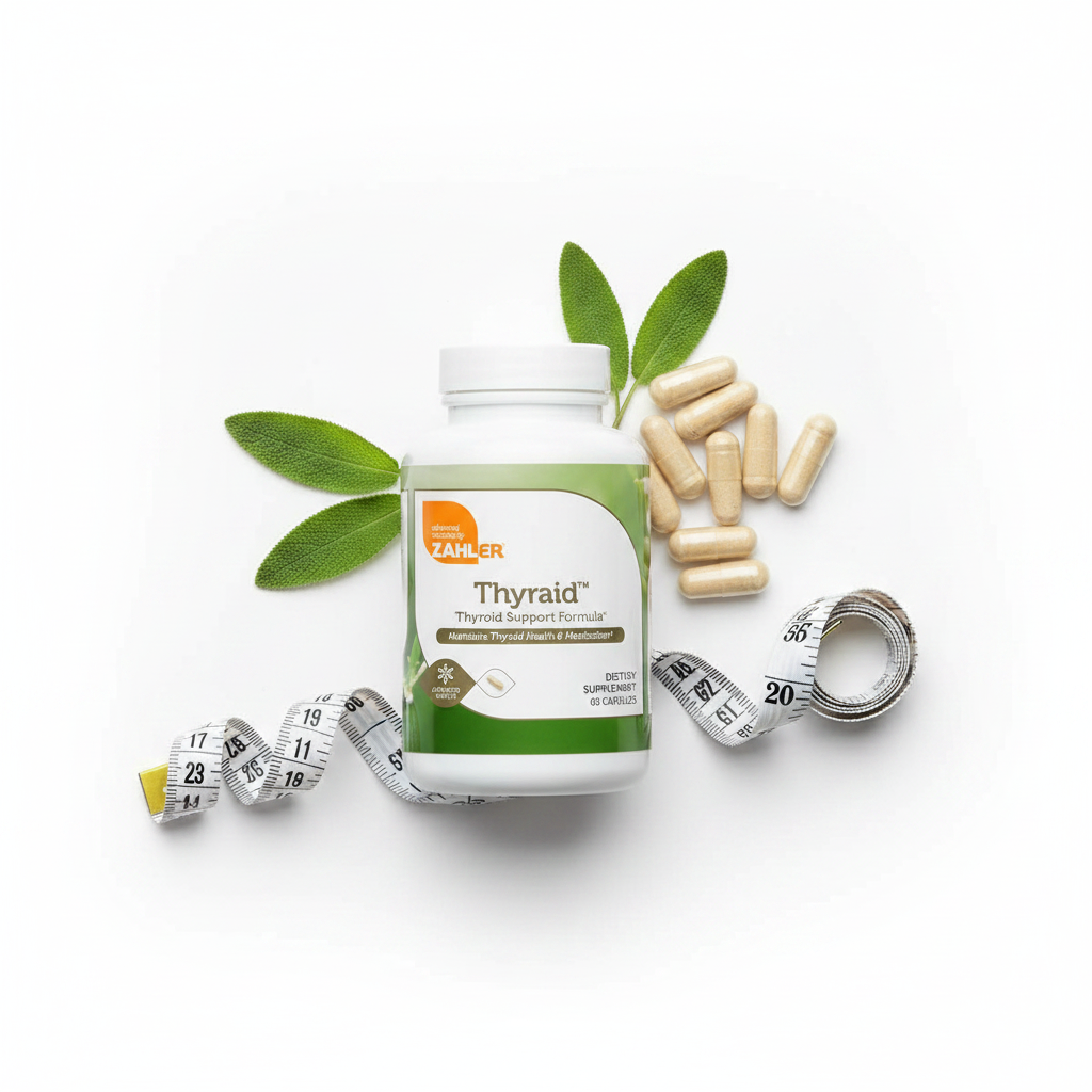 Thyraid flat lay with capsules and green leaves