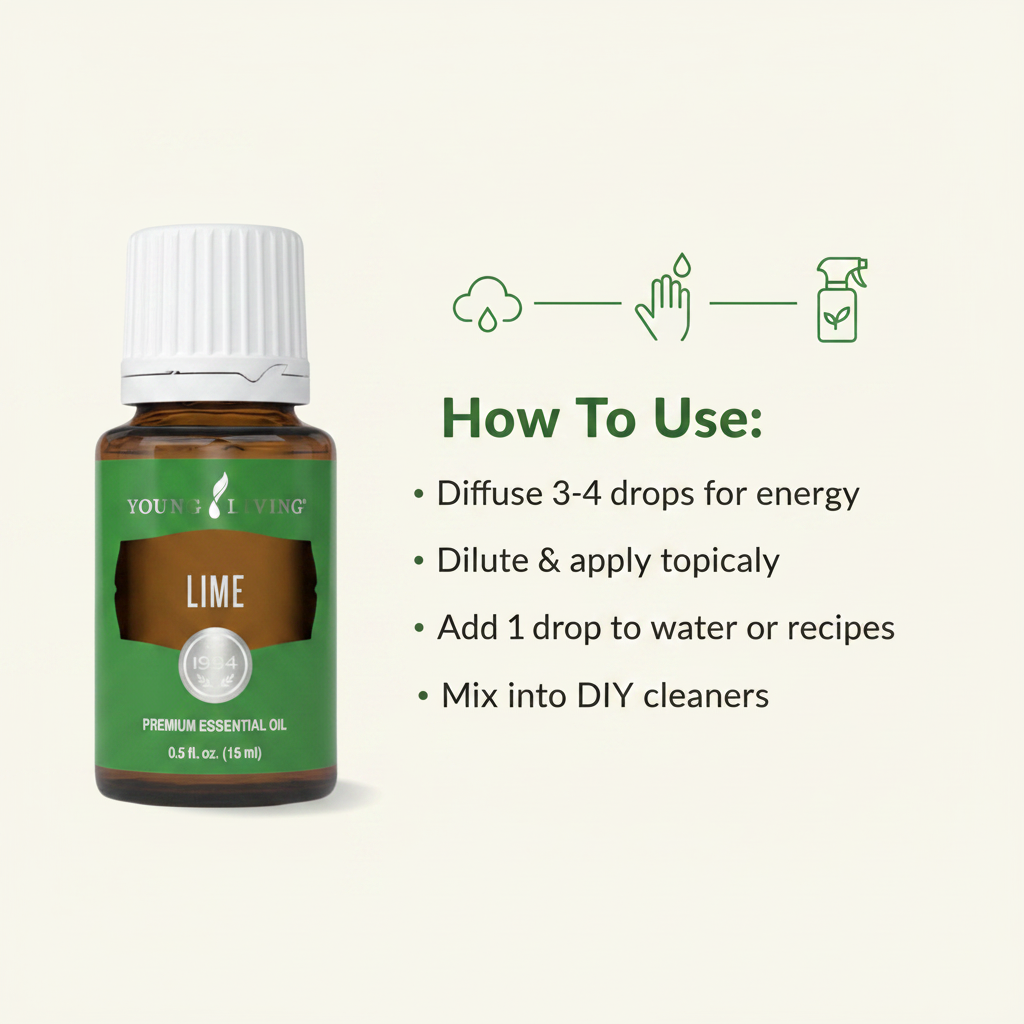 Lime essential oil how to use infographic - Diffuse, Topical, Culinary, DIY Cleaners