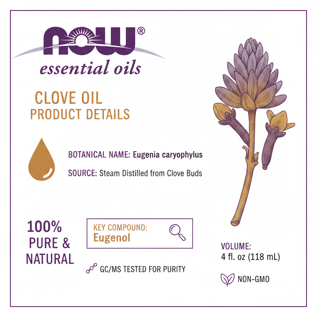 NOW Clove Oil product details infographic