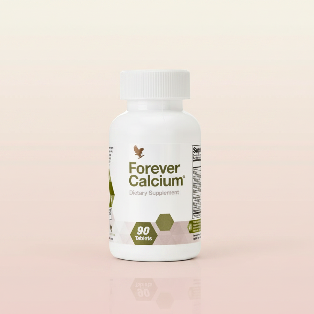 Forever Calcium bottle on pastel cream and blush background