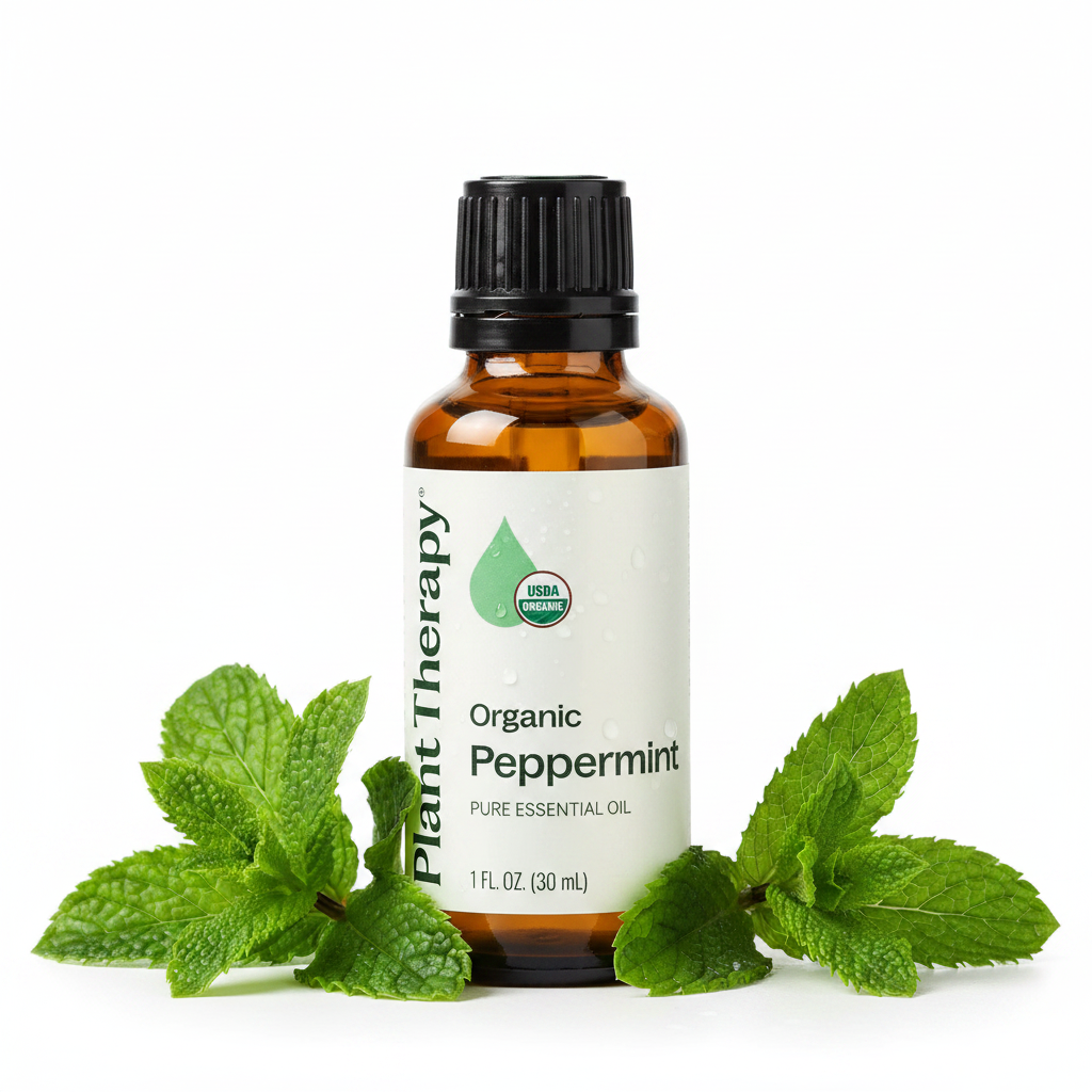 Peppermint oil close-up with USDA organic badge and mint leaves