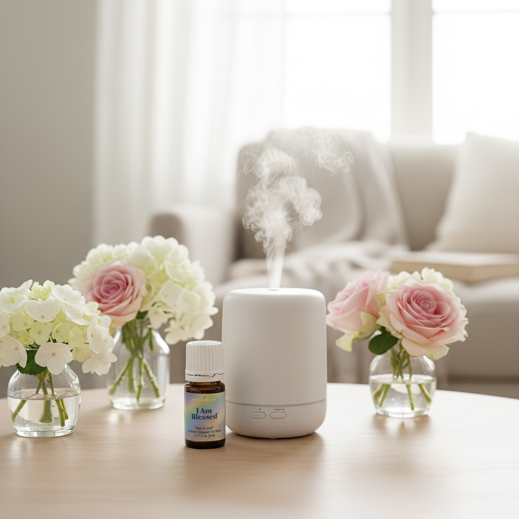 I Am Blessed essential oil beside diffuser morning scene