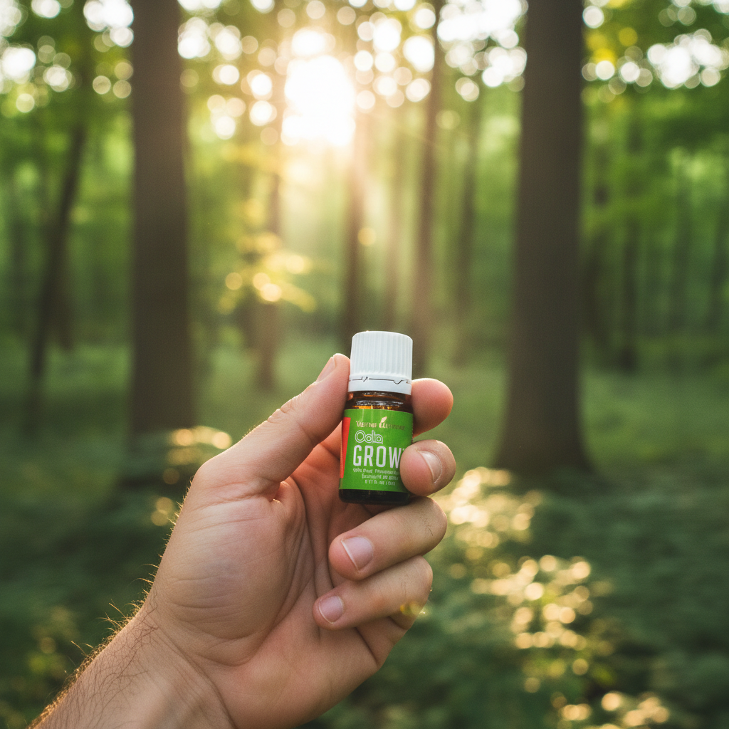 Young Living Oola Grow essential oil held in hand against lush green forest at golden hour