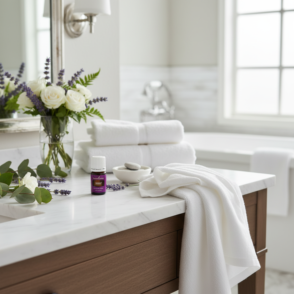 Young Living Harmony essential oil on luxury bathroom vanity