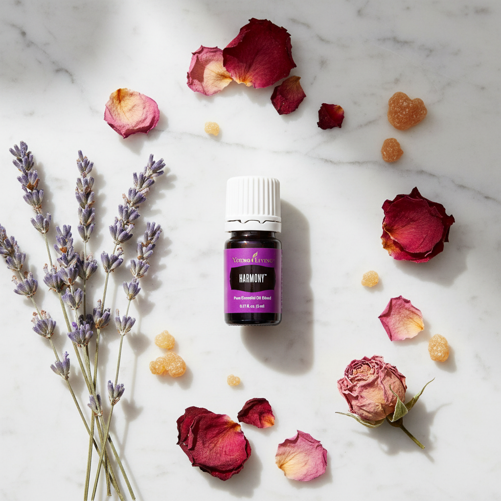 Young Living Harmony essential oil flat lay with lavender, rose petals and frankincense on white marble