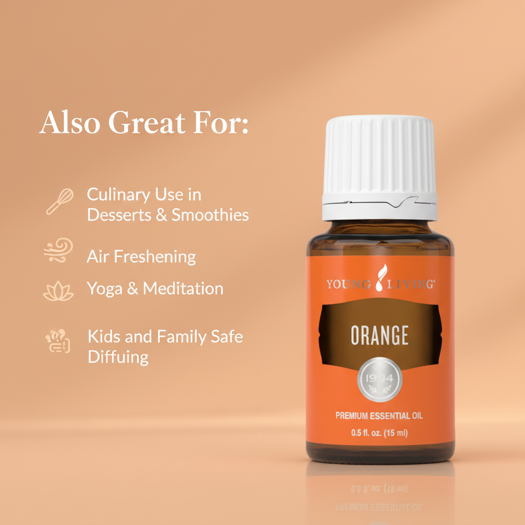 Orange infographic - Also Great For Culinary Use, Air Freshening, Yoga, Kids and Family Diffusing