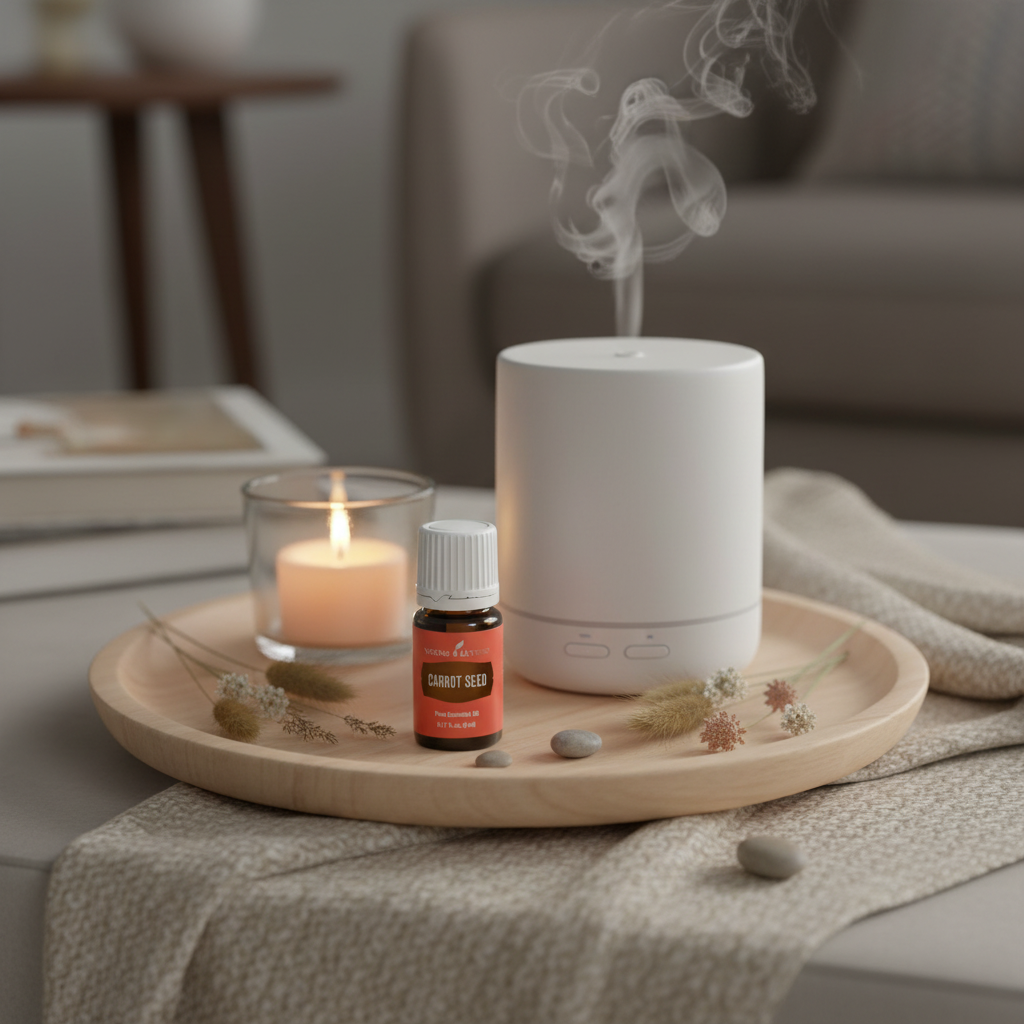 Carrot Seed essential oil next to ceramic diffuser with mist and botanicals