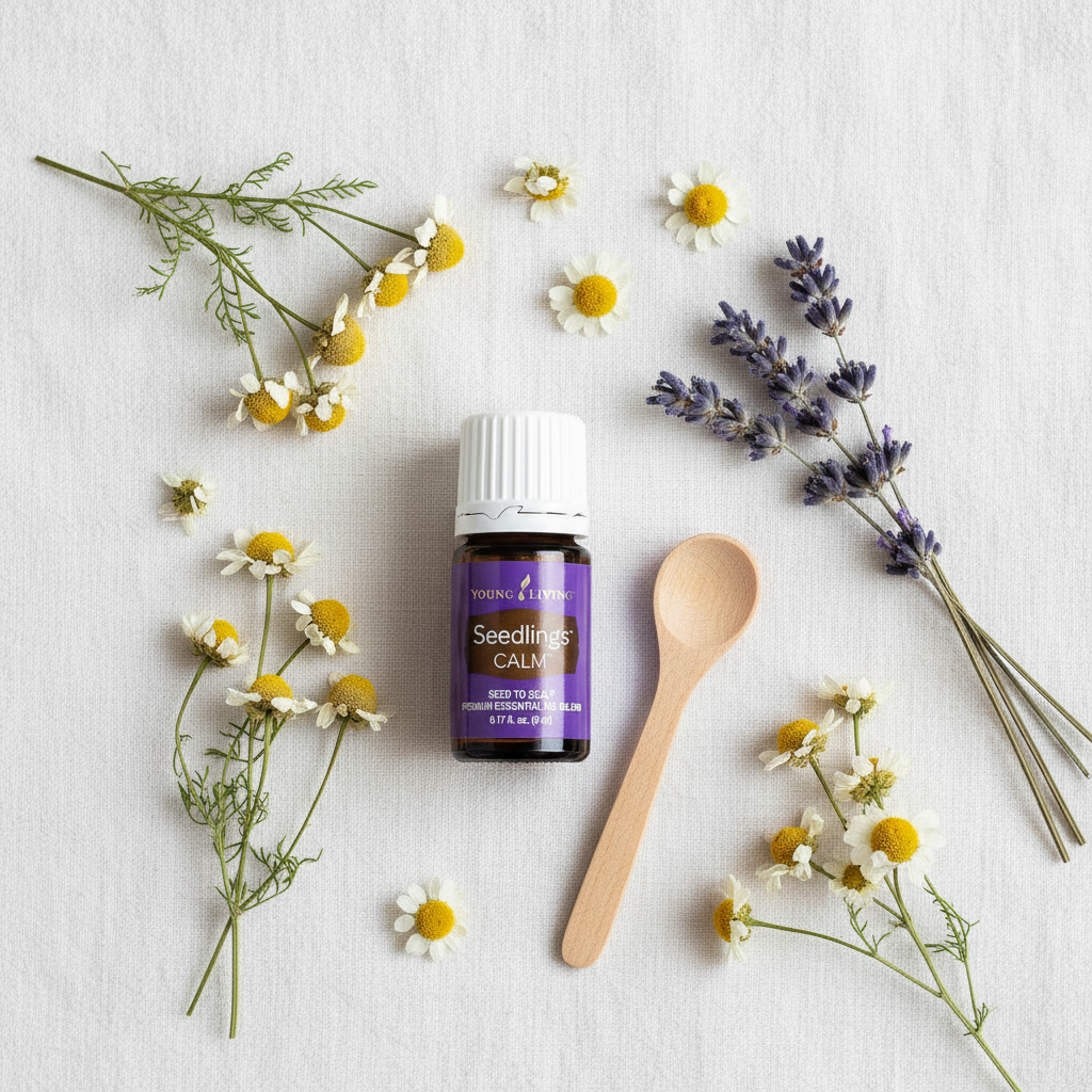 Seedlings Calm essential oil flat lay with chamomile and lavender on white linen