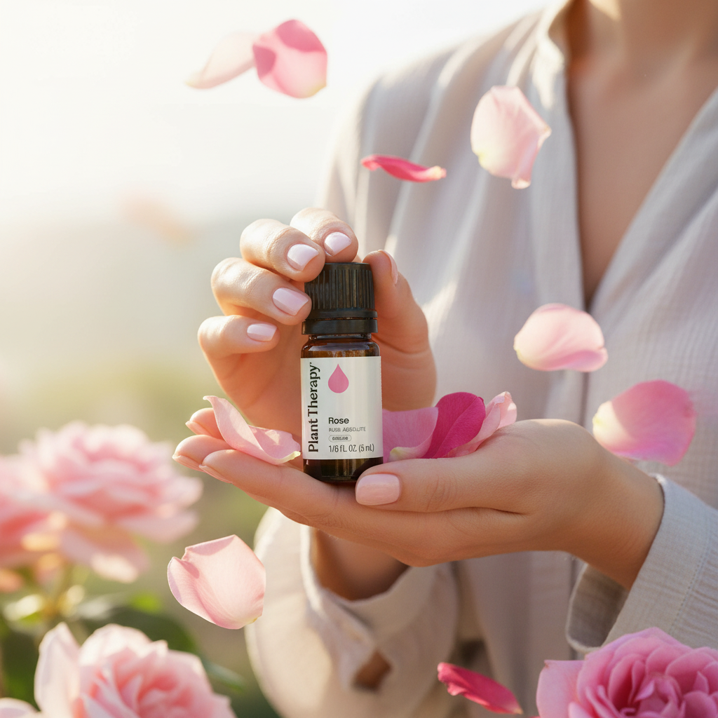 Hands holding Plant Therapy Rose Pure Absolute with falling rose petals
